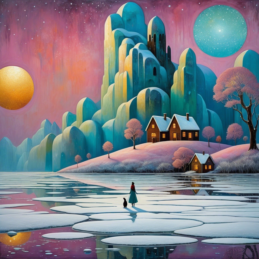 Fantastical Winter Landscape with Night Sky and Ice Floes