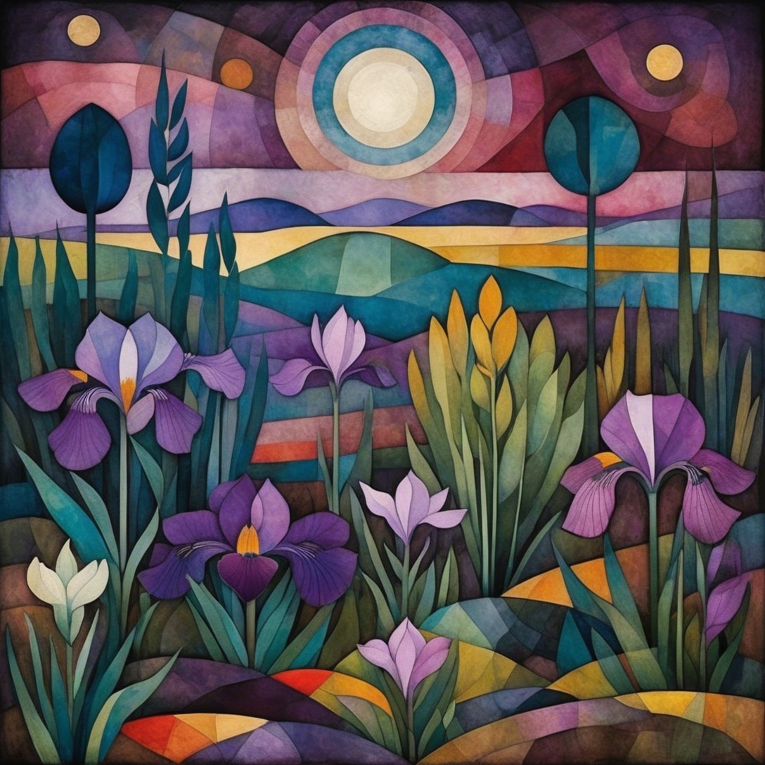 Vibrant Stylized Landscape with Floral Elements