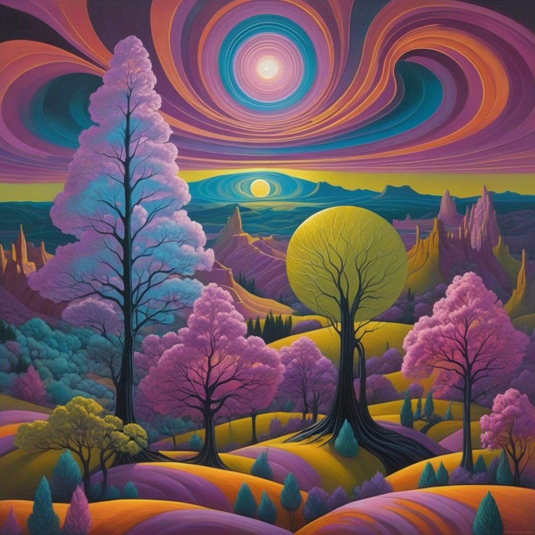 Surreal Landscape with Lavender Trees and Colorful Sky