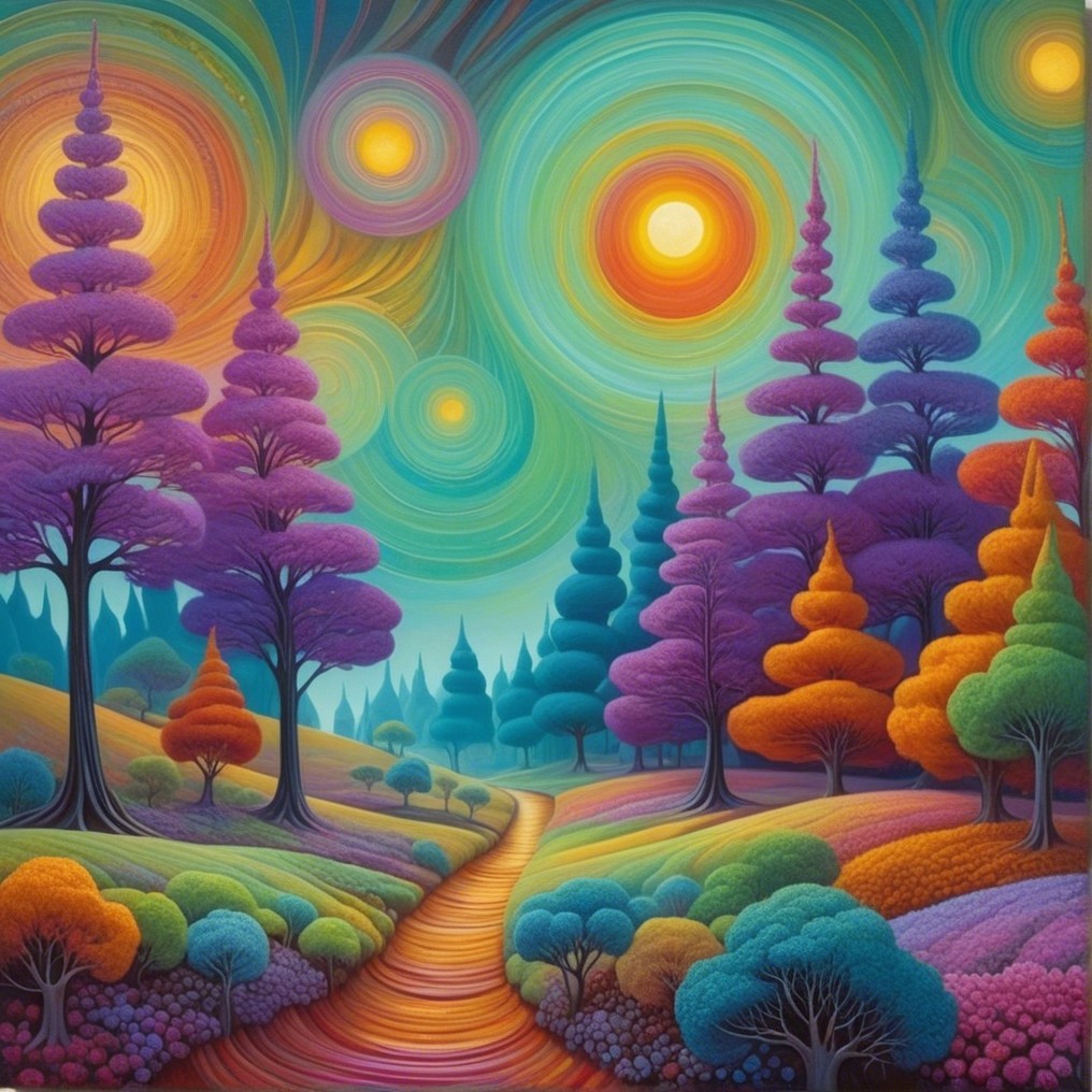 Surreal Landscape with Colorful Trees and Sky