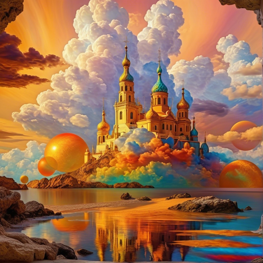 Surreal Landscape with Majestic Castle and Colorful Clouds