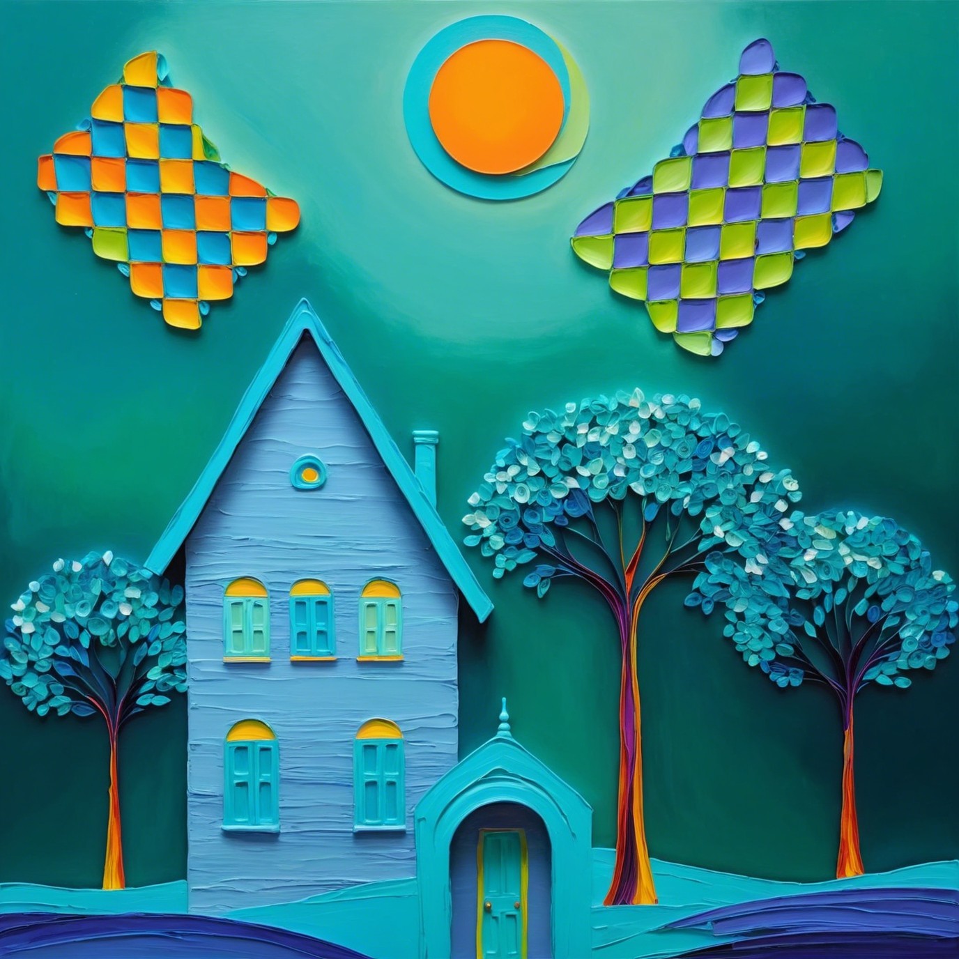 Vibrant Digital Artwork of Stylized House and Landscape