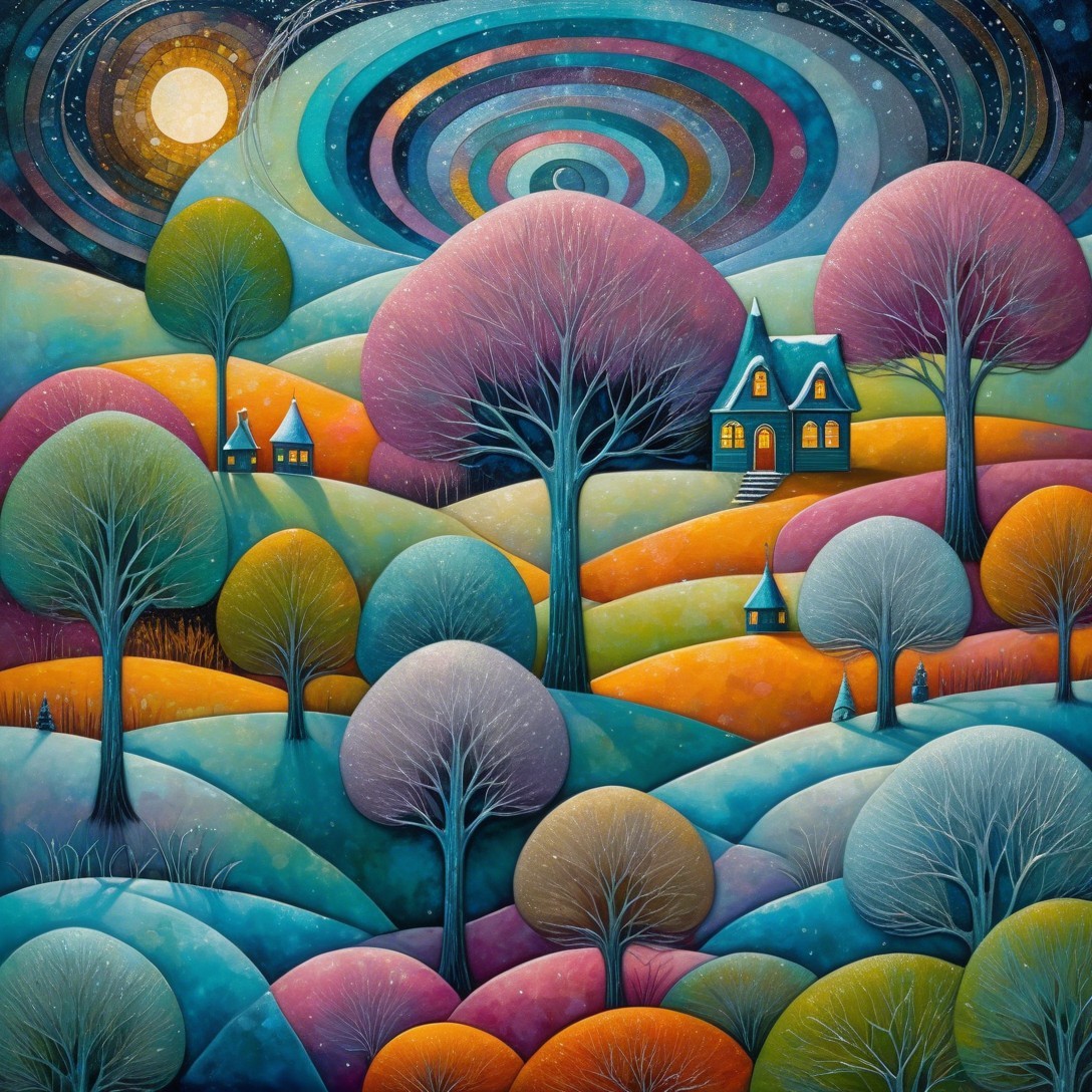 Vibrant Dream-Like Painting of Whimsical Landscape