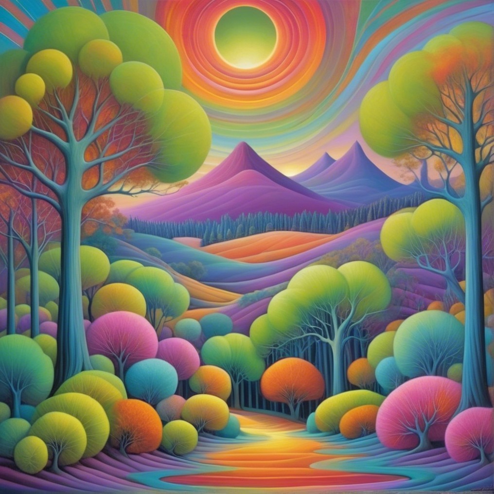 Surreal Landscape with Colorful Trees and Mountains