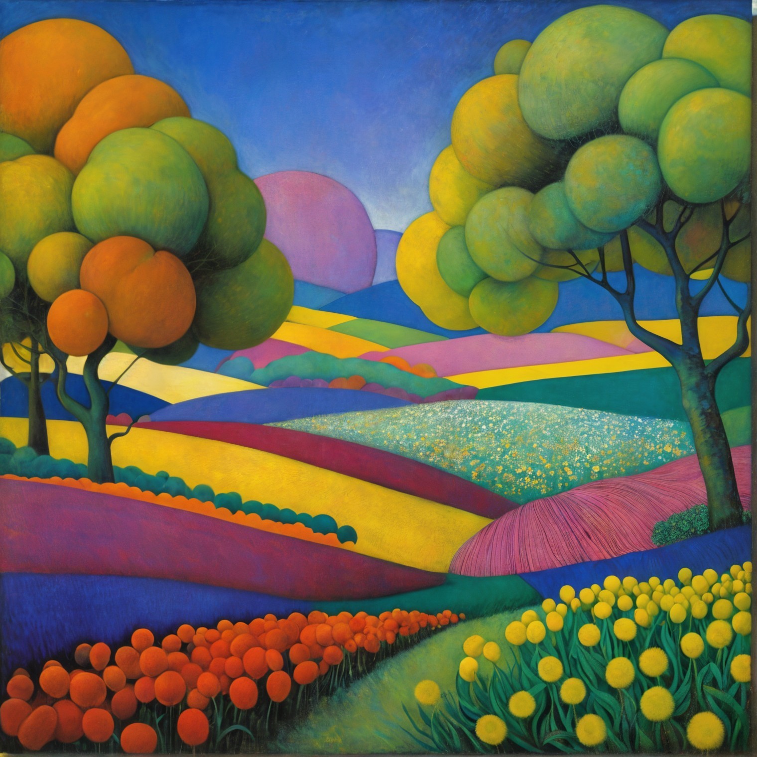 Vibrant Landscape with Colorful Fields and Trees