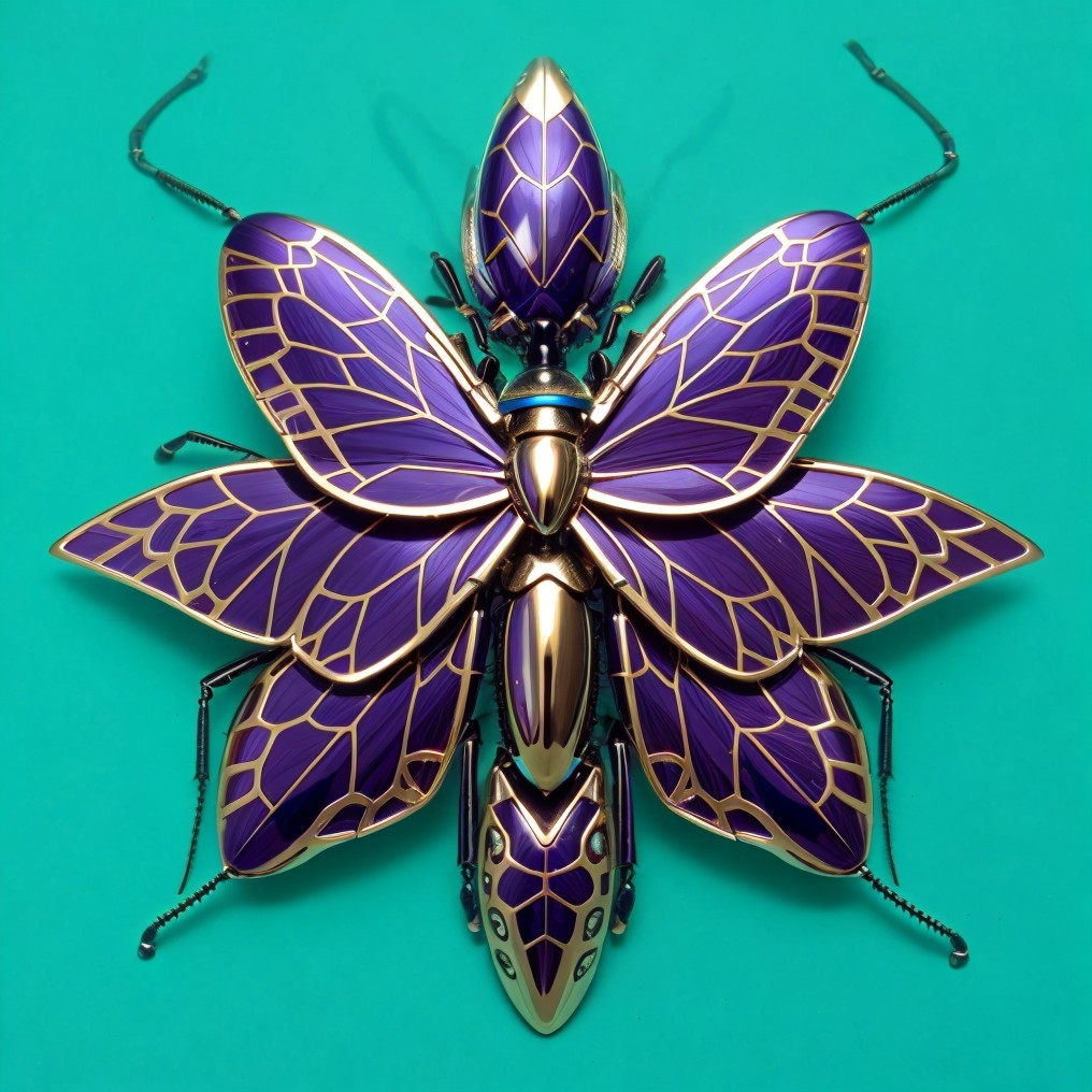 Insect Artwork with Vibrant Purple and Gold Wings