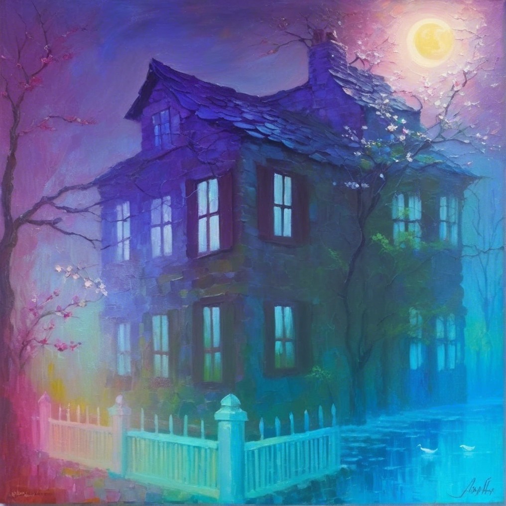 Dreamlike Scene of Colorful House Under Moonlight
