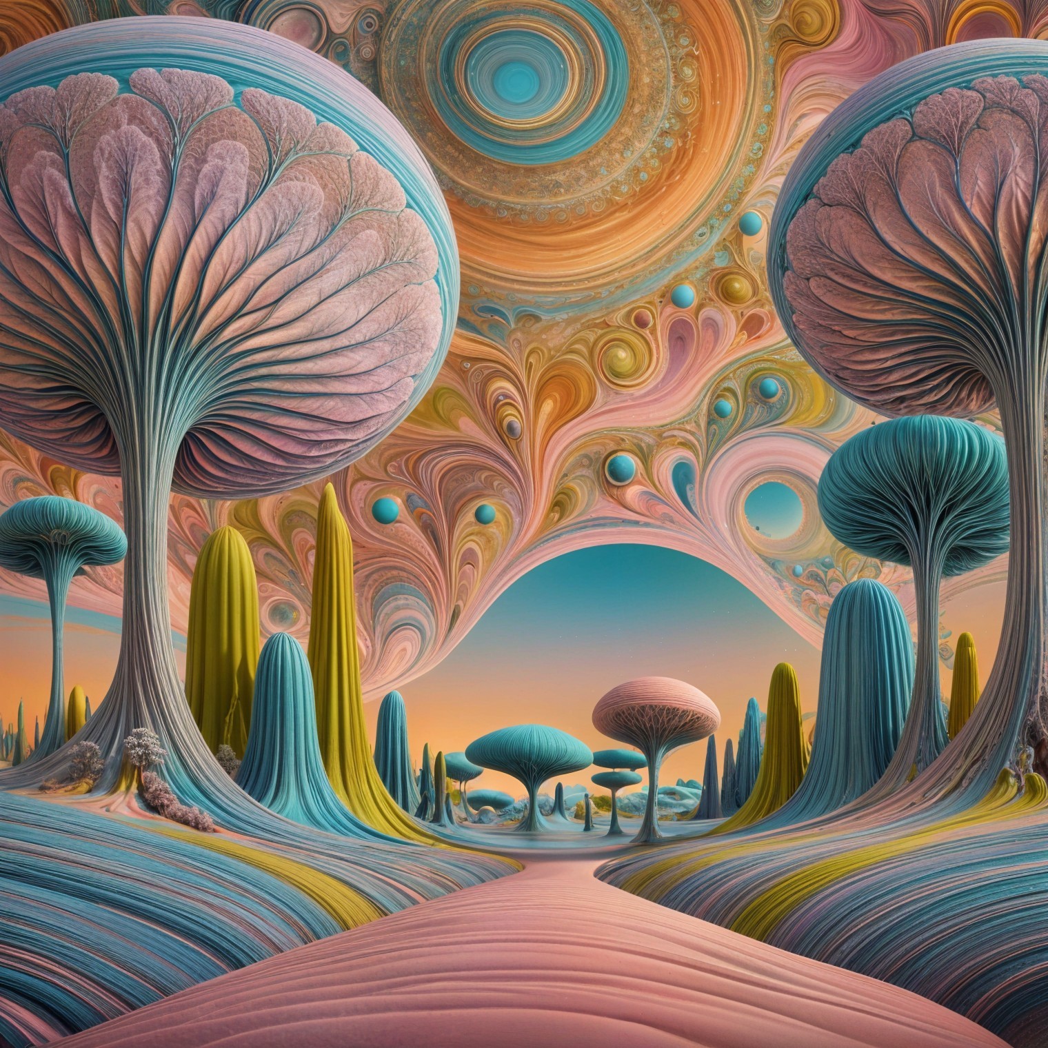Surreal Landscape with Colorful Trees and Whimsical Hills