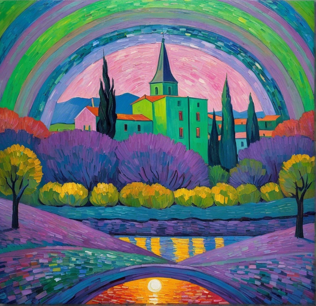 Vibrant Landscape with Church and Rainbow at Twilight