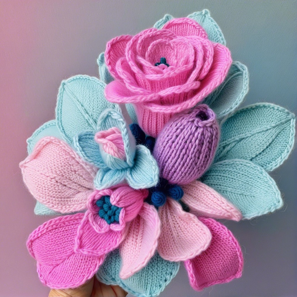 Vibrant Knitted Flower Arrangement in Pink and Blue