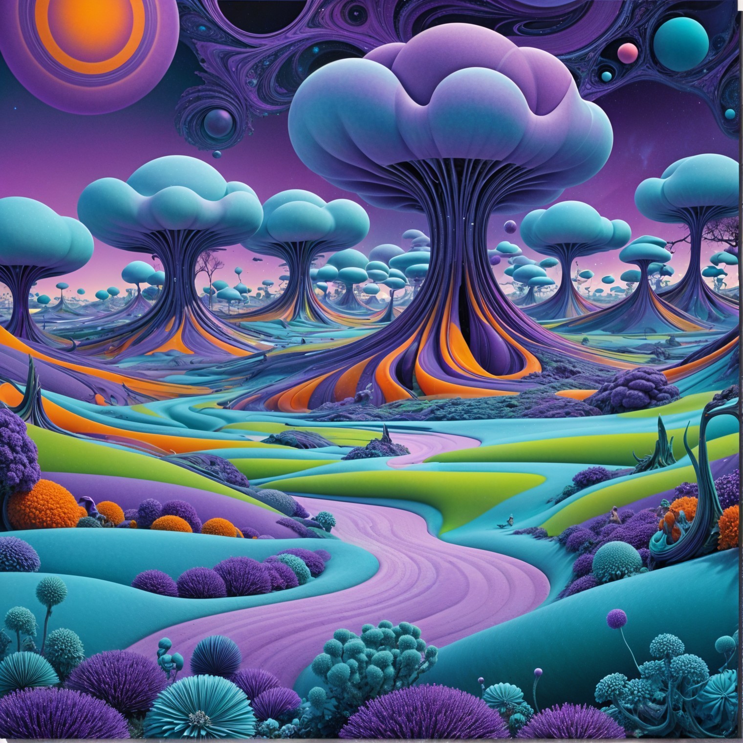 Surreal Landscape with Colorful Mushroom Trees