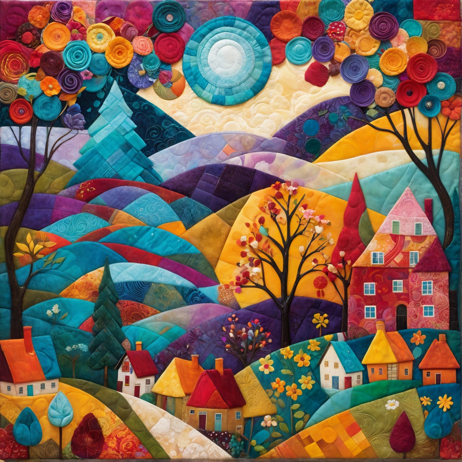 Vibrant Quilted Landscape with Colorful Hills and Sun