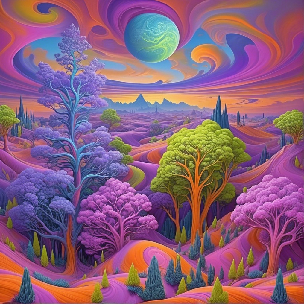 Surreal Landscape with Colorful Trees and Planet
