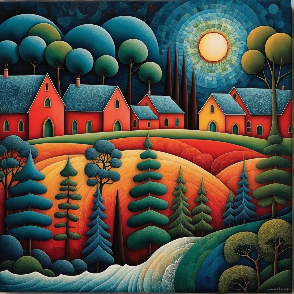 Vibrant Landscape with Colorful Houses and Rolling Hills