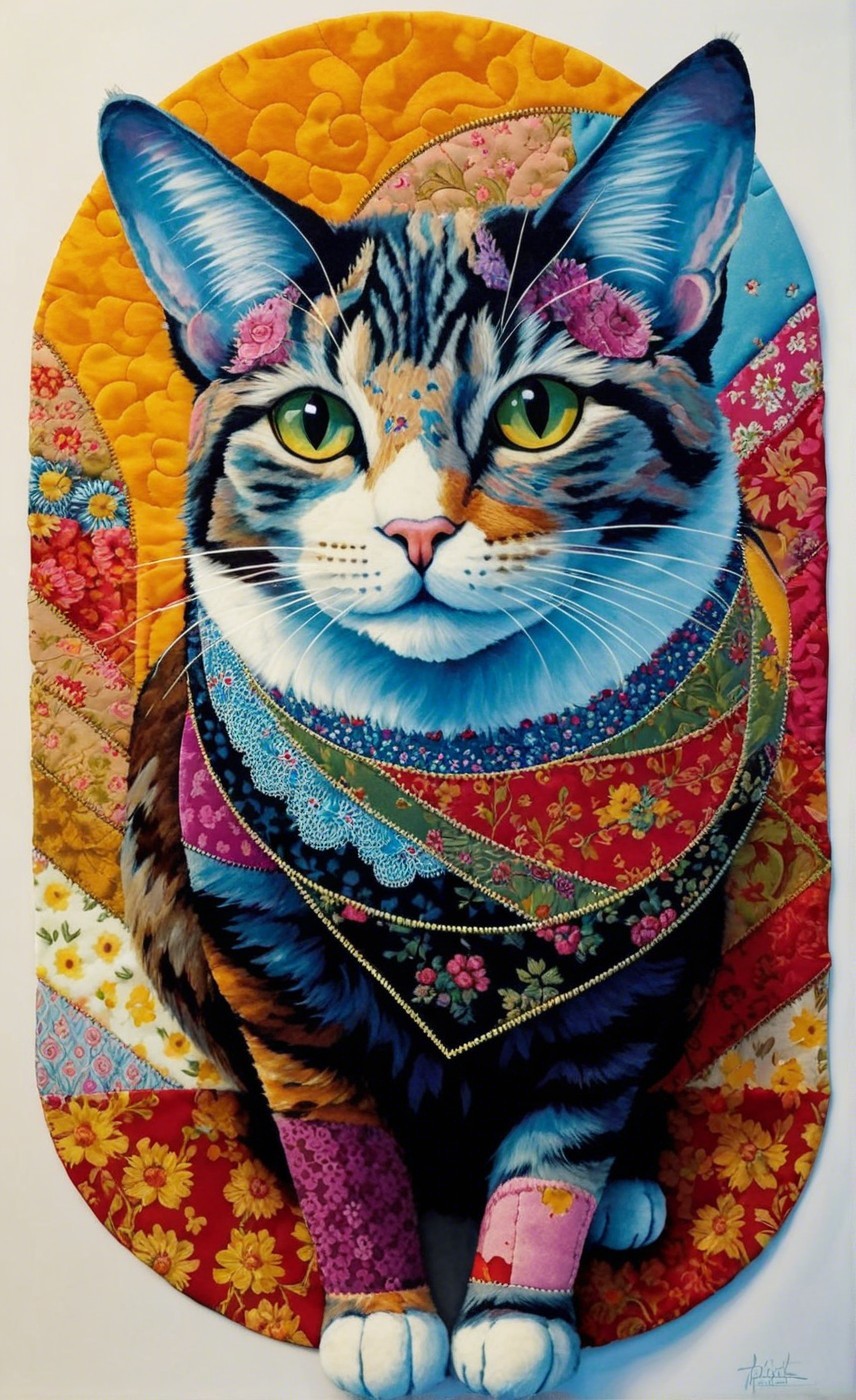 Majestic Cat Portrait with Colorful Collar and Abstract Background
