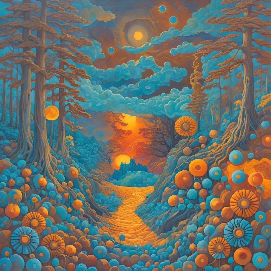 Surreal Landscape with Vibrant Colors and Celestial Elements