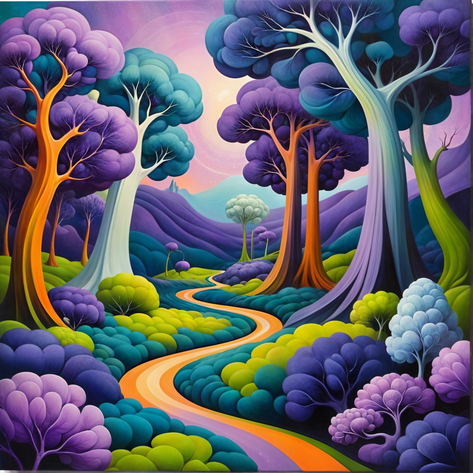 Vibrant Landscape with Whimsical Trees and Hills