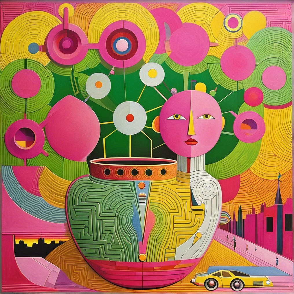 Abstract Artwork with Vase and Woman's Head Design