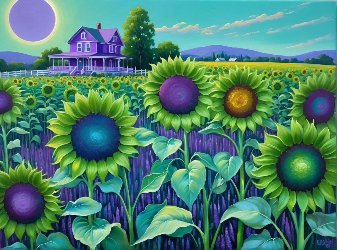 Vibrant Landscape with Purple House and Sunflowers
