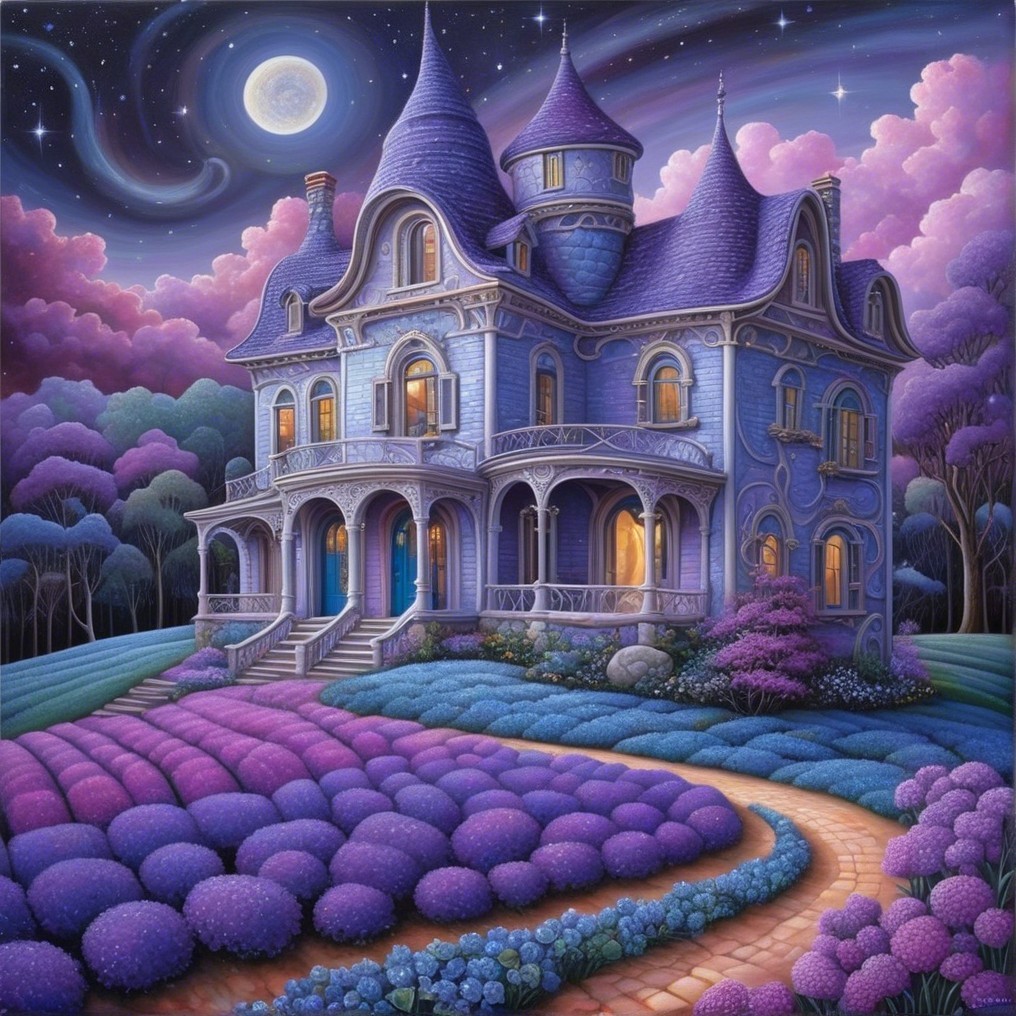Blue Mansion Surrounded by Lavender Fields at Night