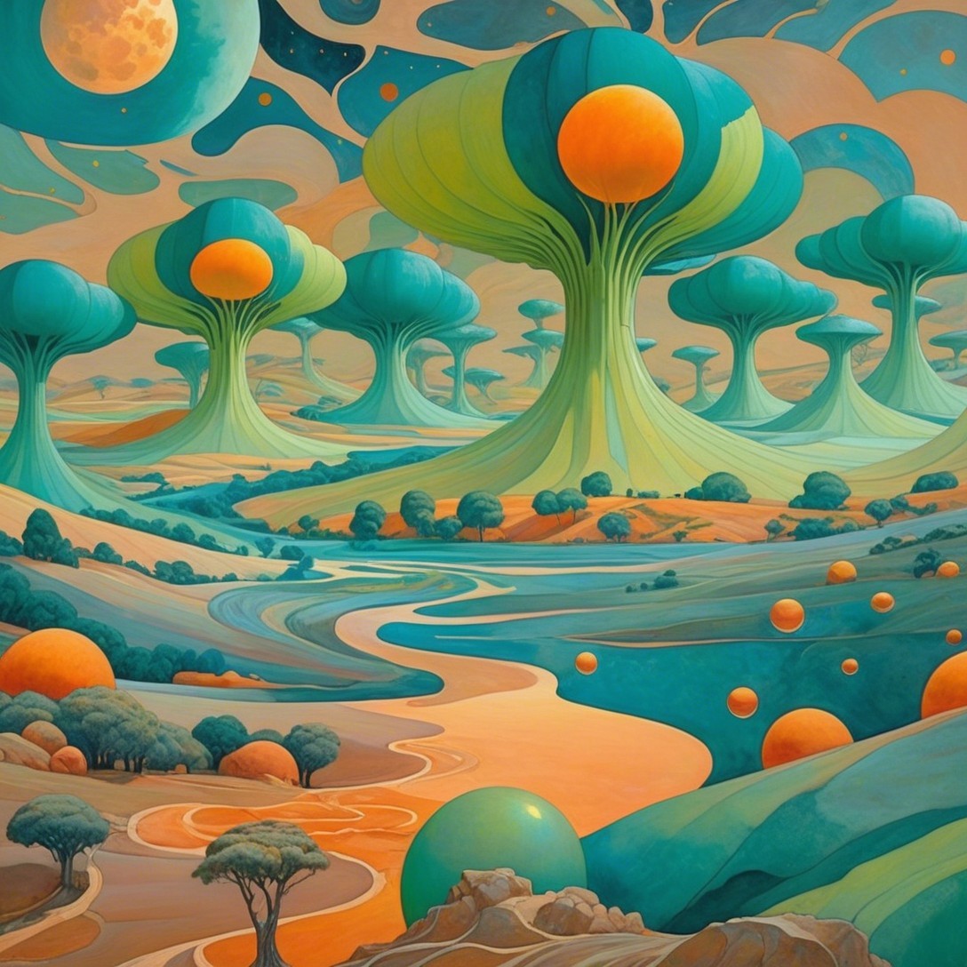Surreal Landscape with Orange Canopy Trees and River