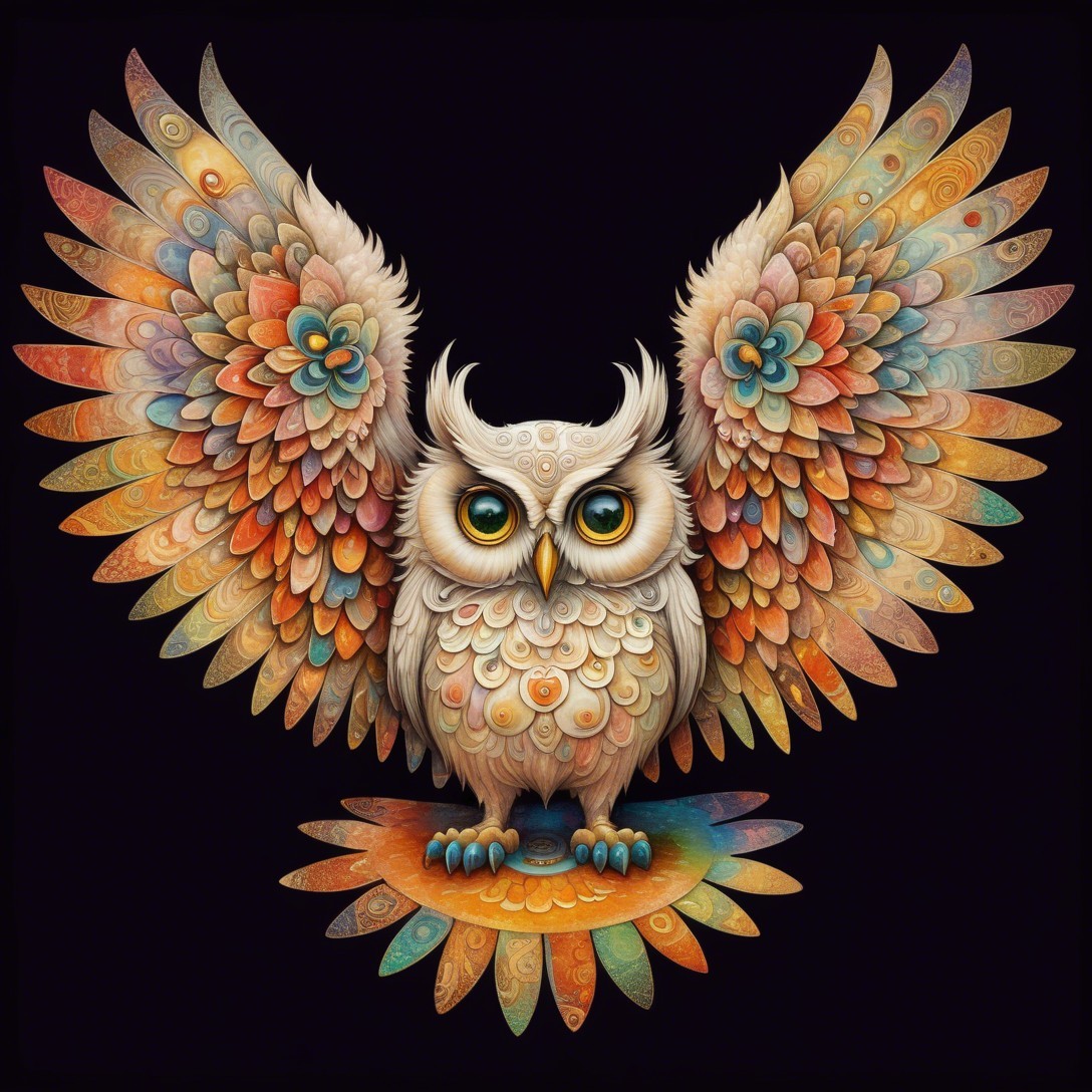 Whimsical Owl with Vibrant Wings and Intricate Patterns