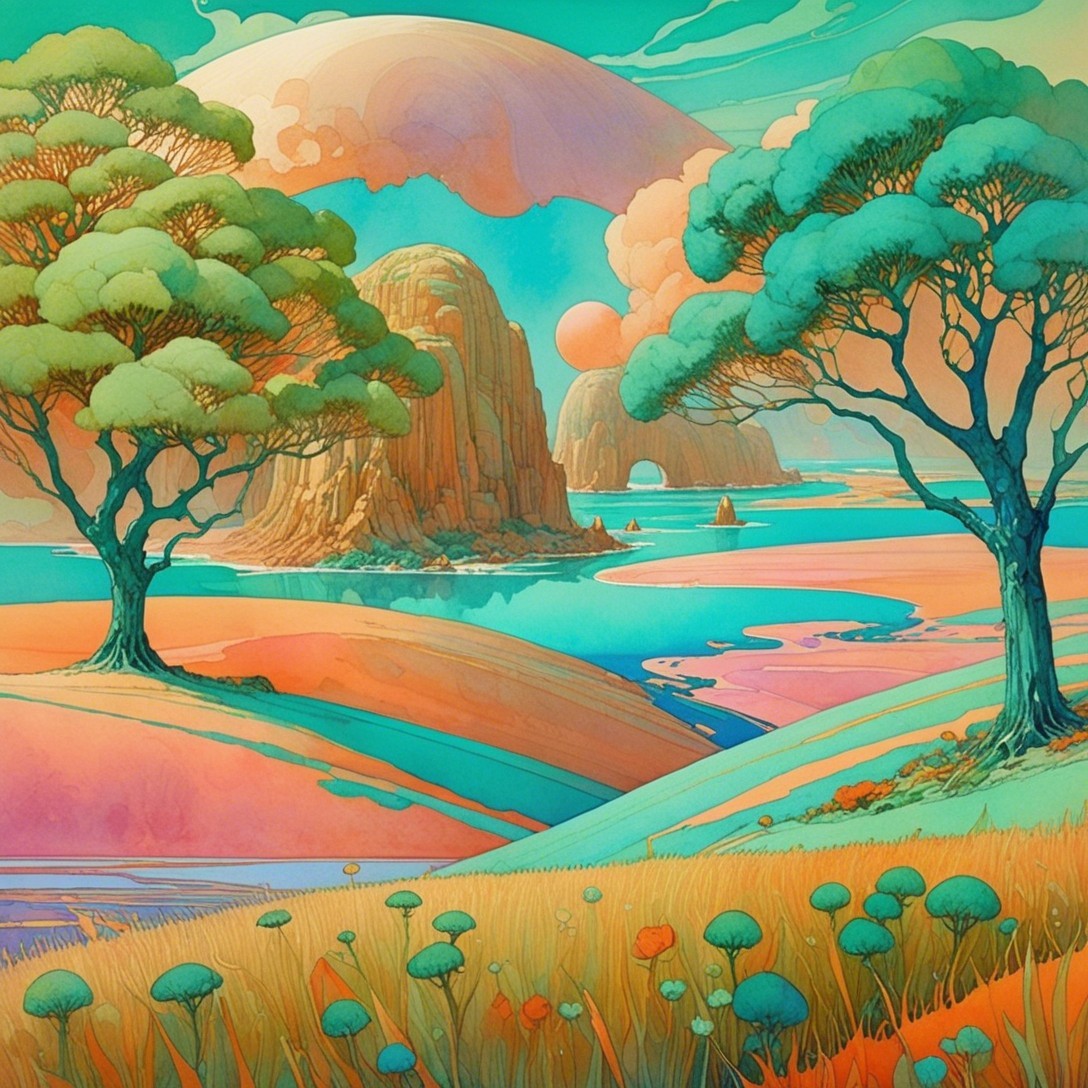 Surreal Landscape with Vibrant Colors and Whimsical Elements