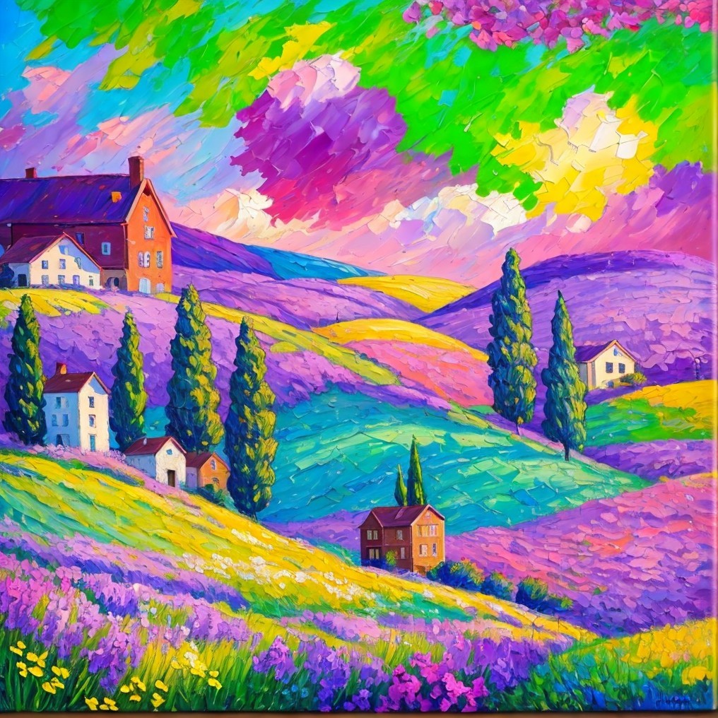 Vibrant Landscape with Lavender Fields and Cottages