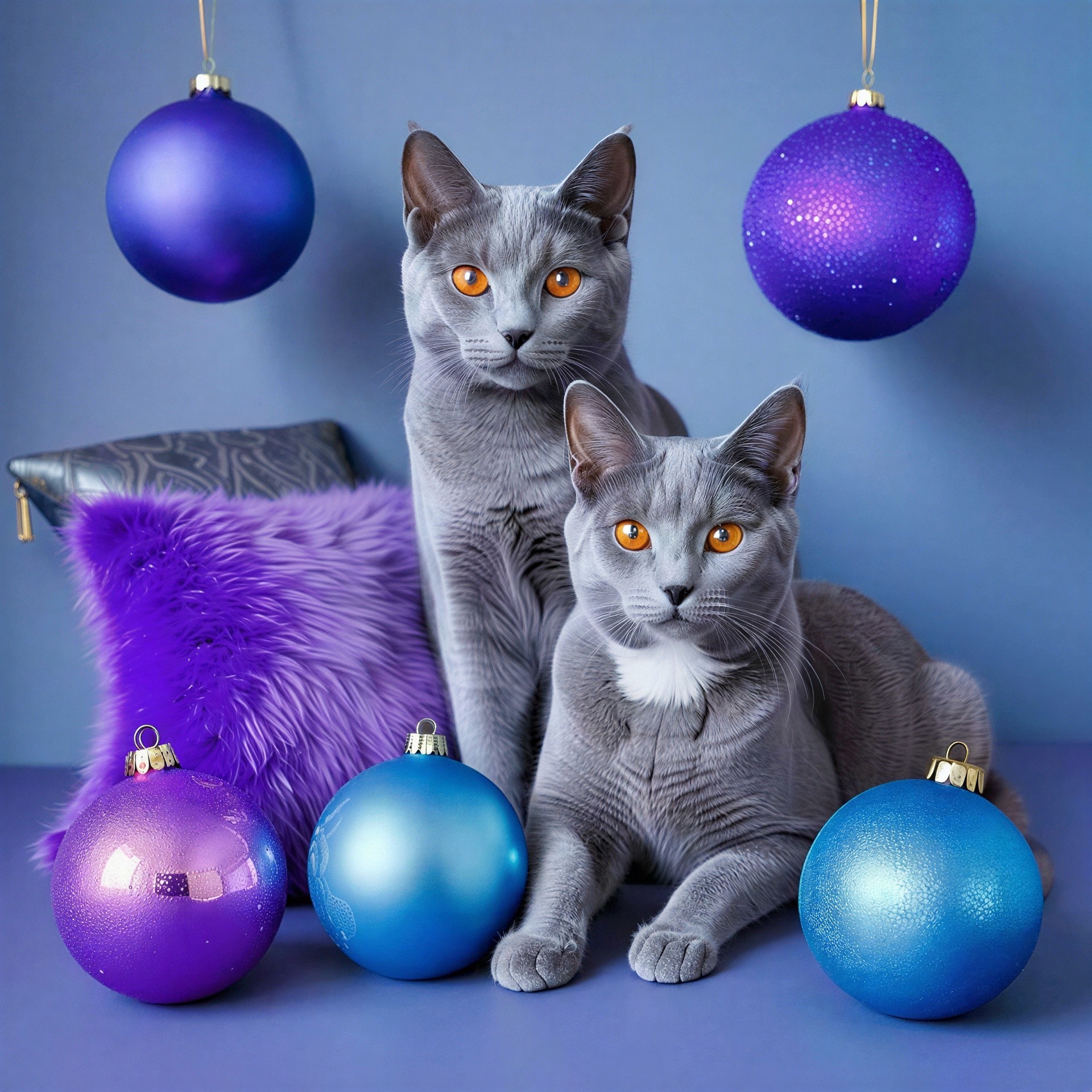 Gray Cats with Orange Eyes and Purple Ornaments