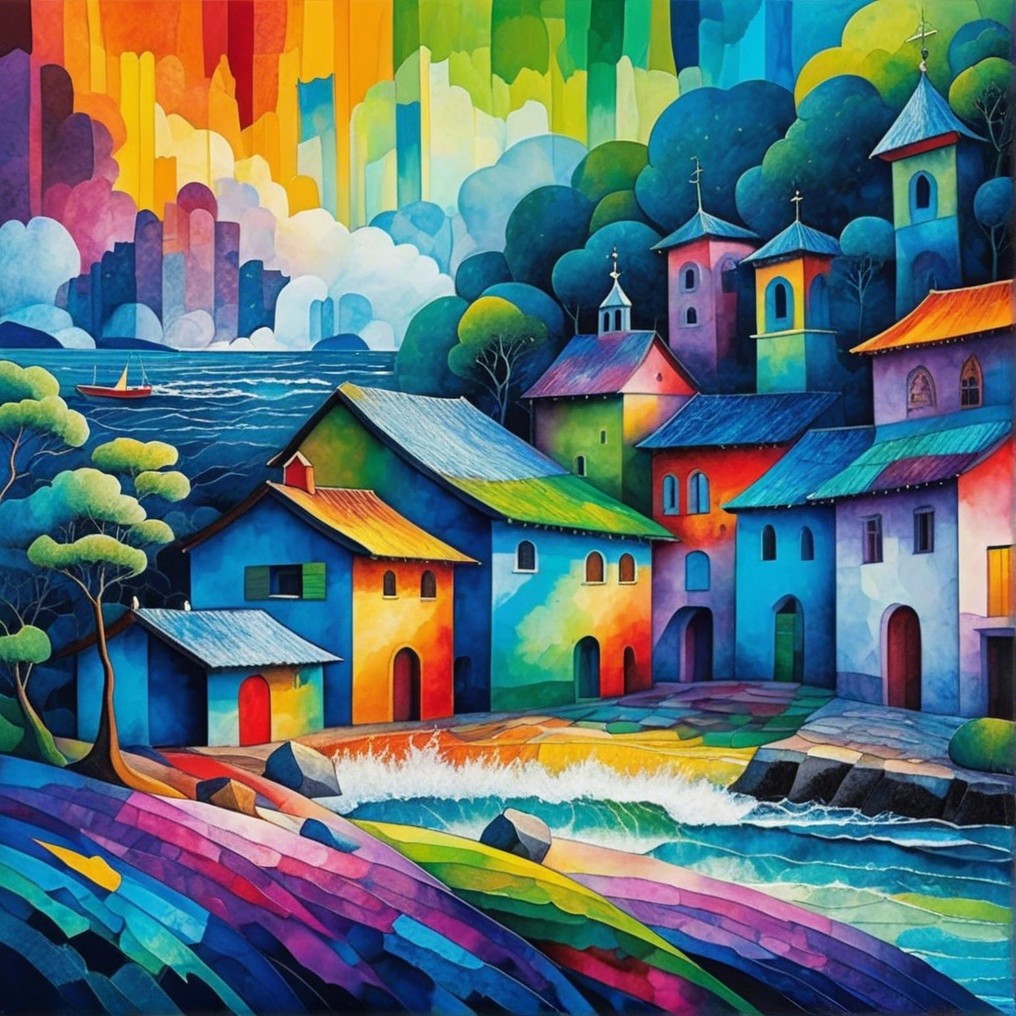 Colorful Waterfront Village Landscape with Lush Trees