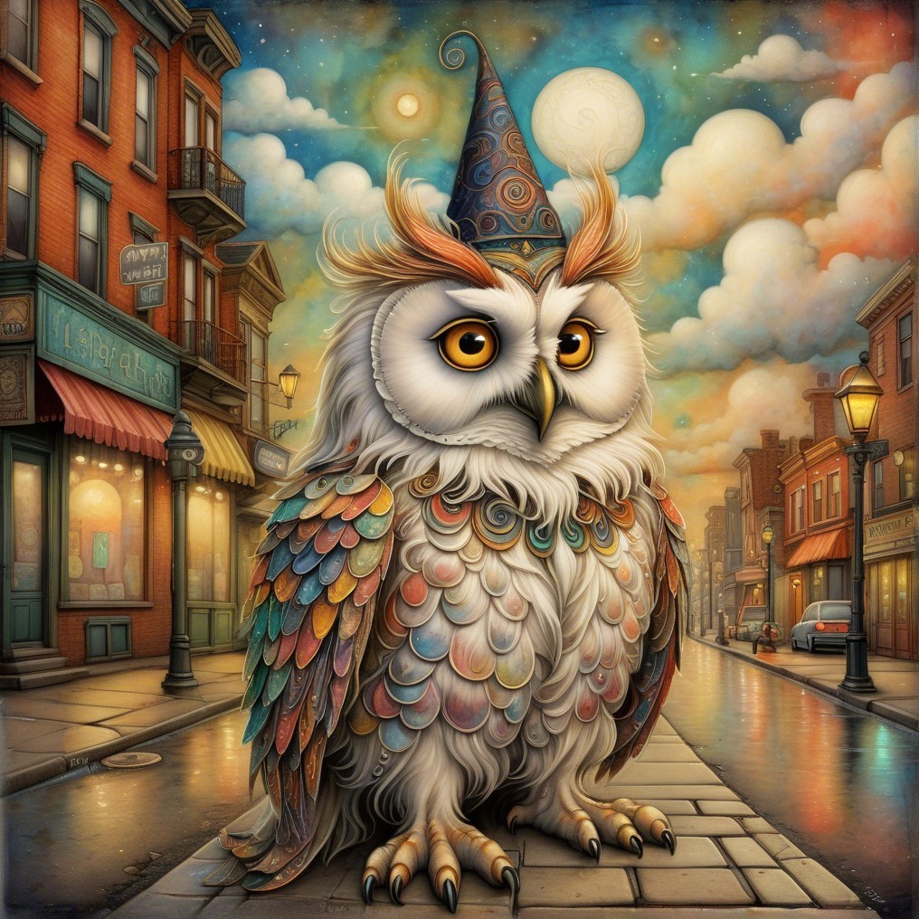 Whimsical Owl on Cobblestone Street in Charming Town