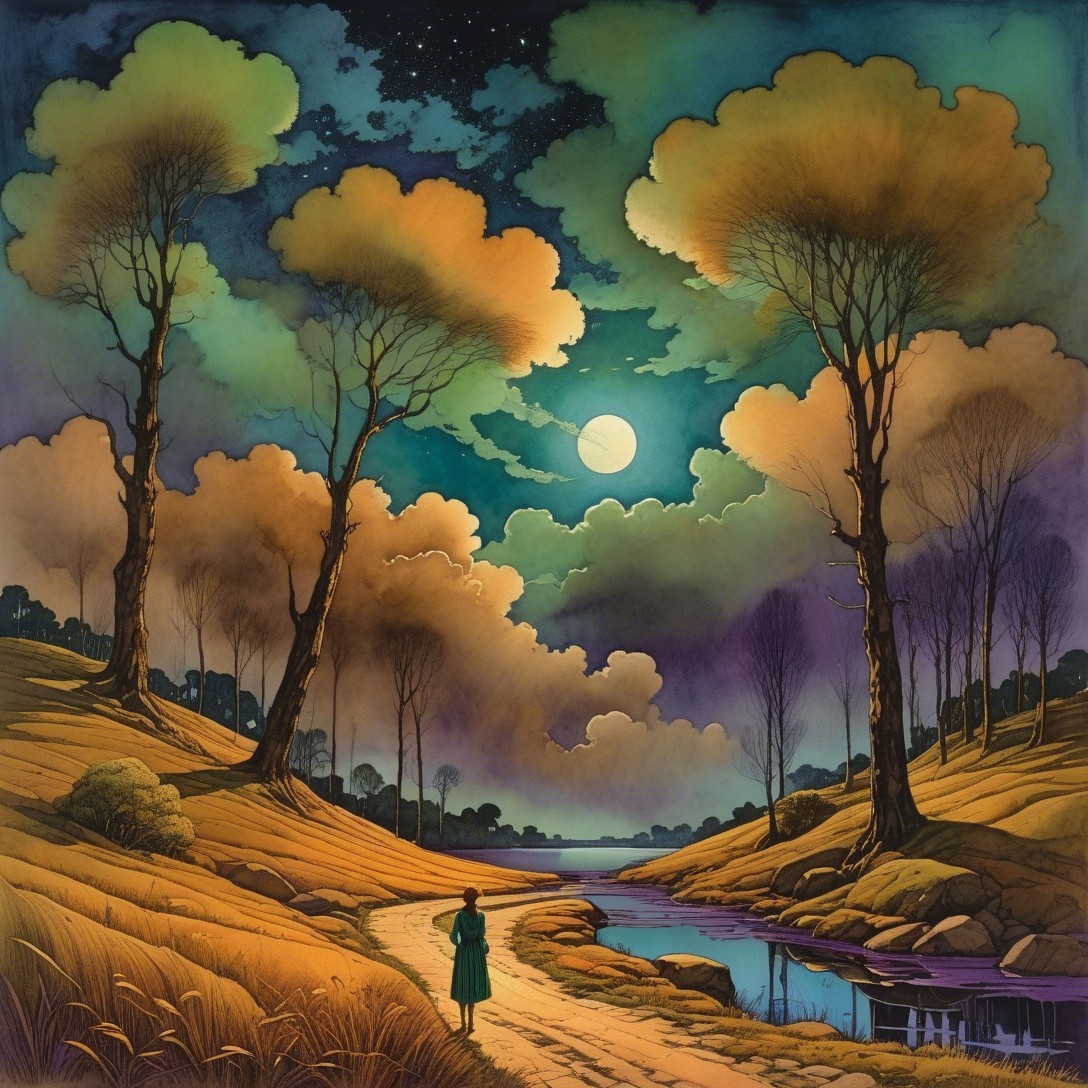Twilight Landscape with Winding Path and River