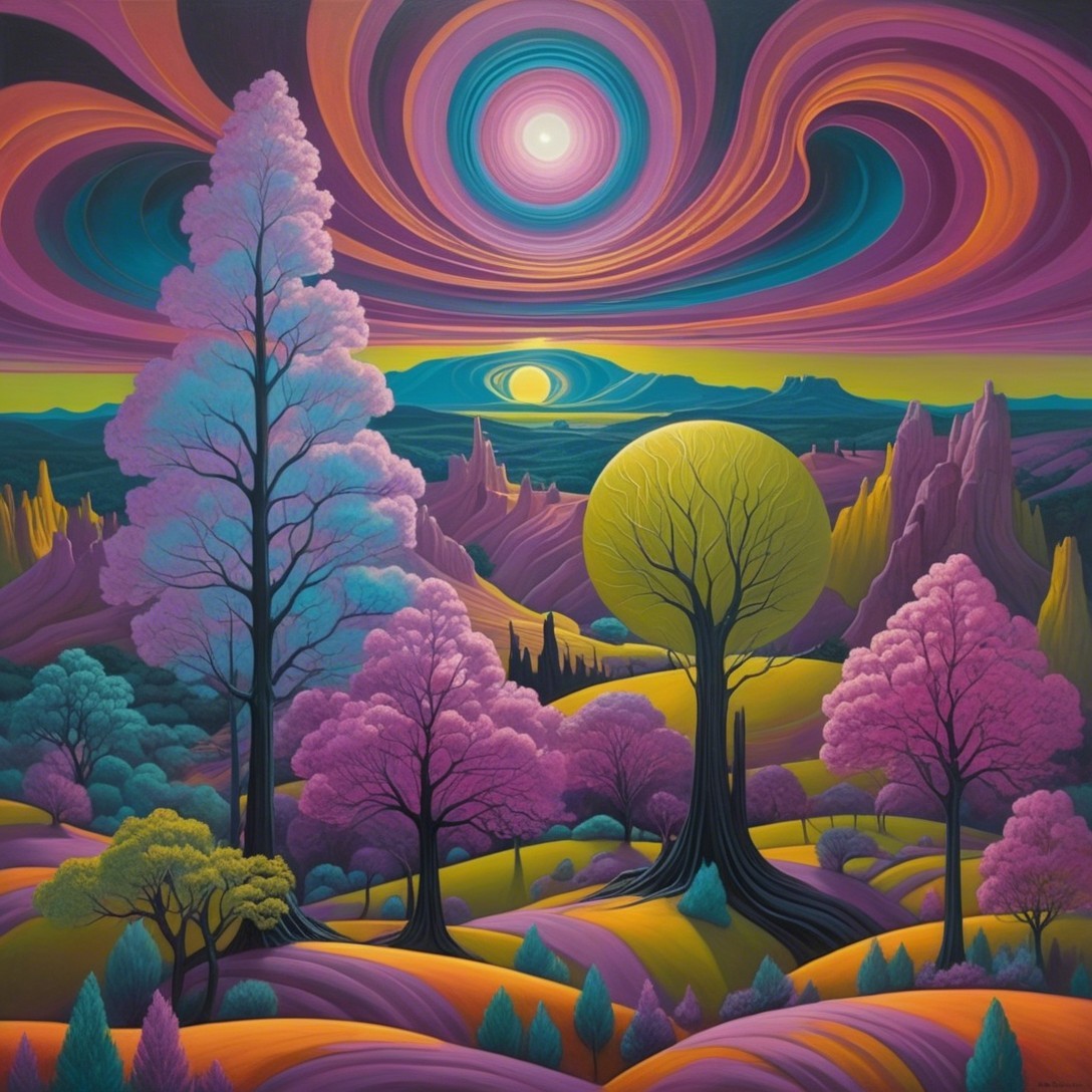 Surreal Landscape with Oversized Trees and Bold Colors