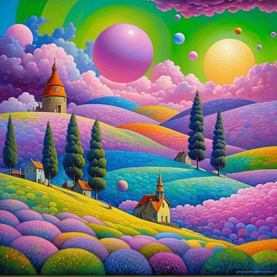 Vibrant landscape with colorful hills and whimsical trees