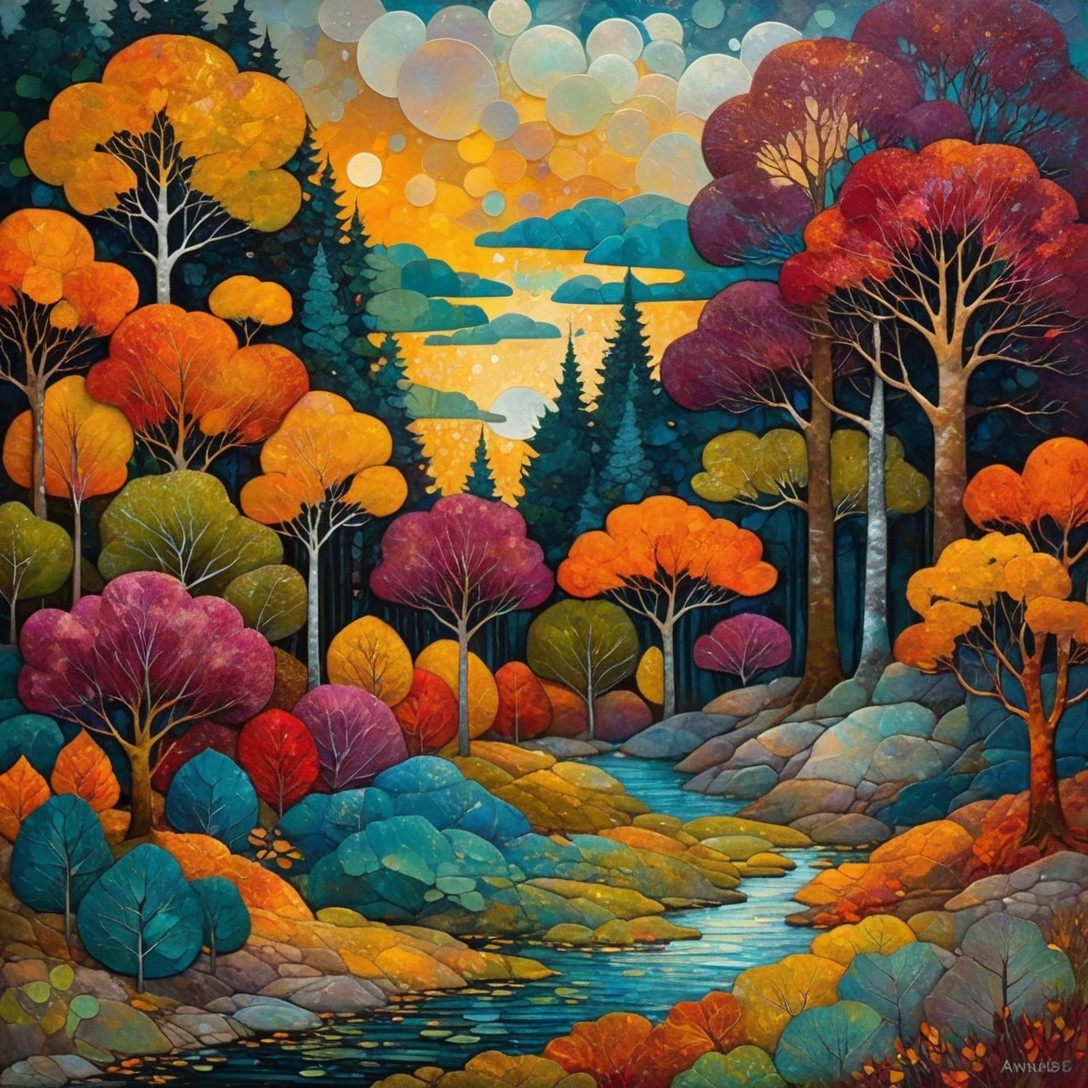 Vibrant Autumn Landscape with Flowing River and Trees