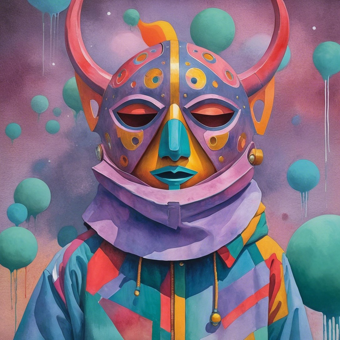Vibrant Surreal Character with Colorful Mask and Spheres