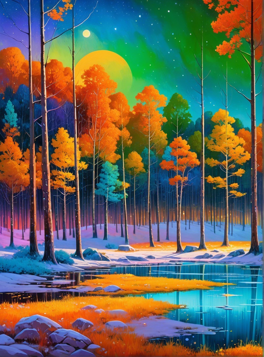 Vibrant Autumn Landscape with Moonlit Pond Reflection