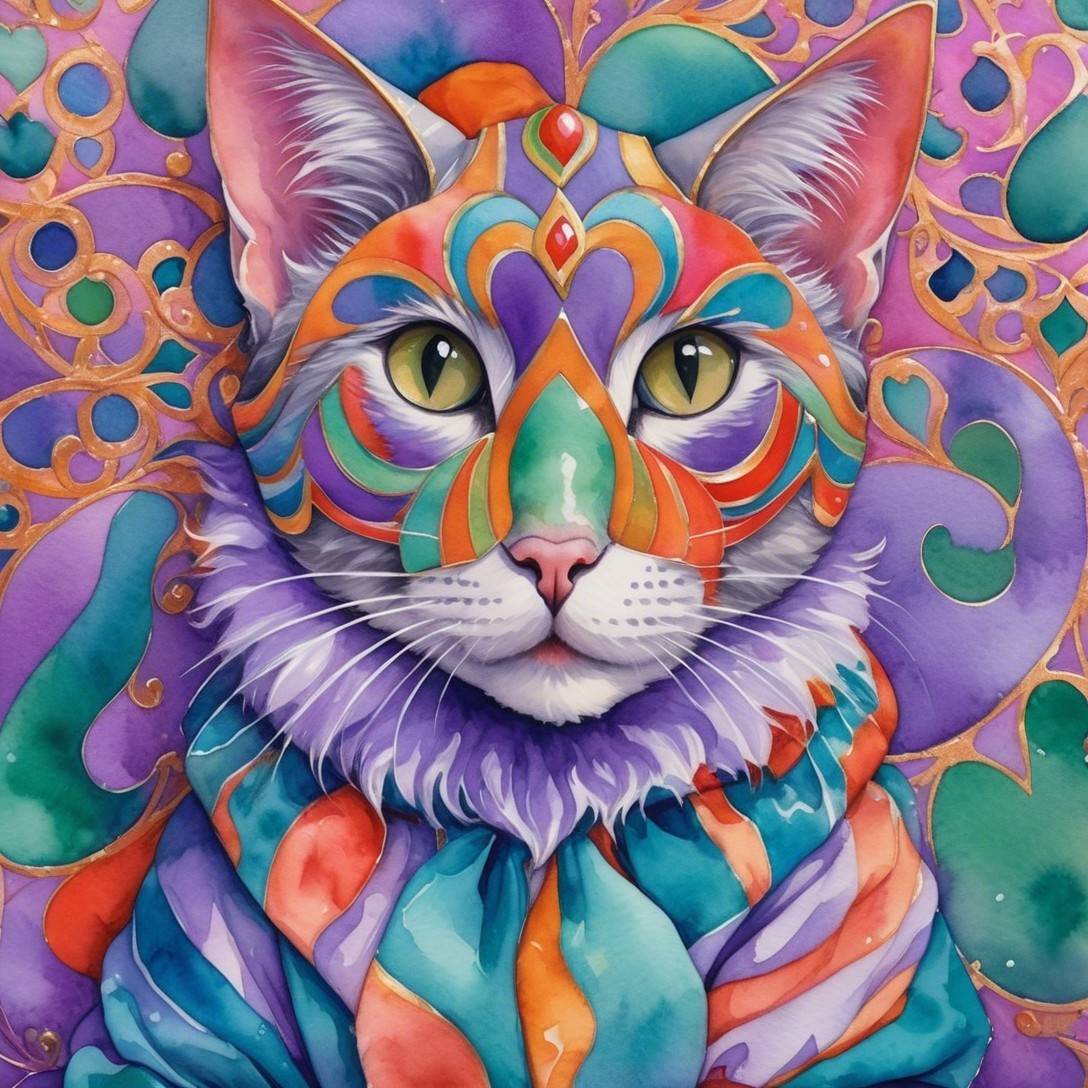 Vibrant Illustration of a Colorful Patterned Cat