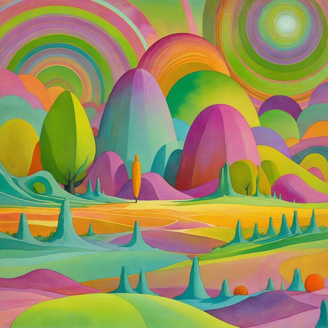 Vibrant landscape with colorful hills and surreal mountains