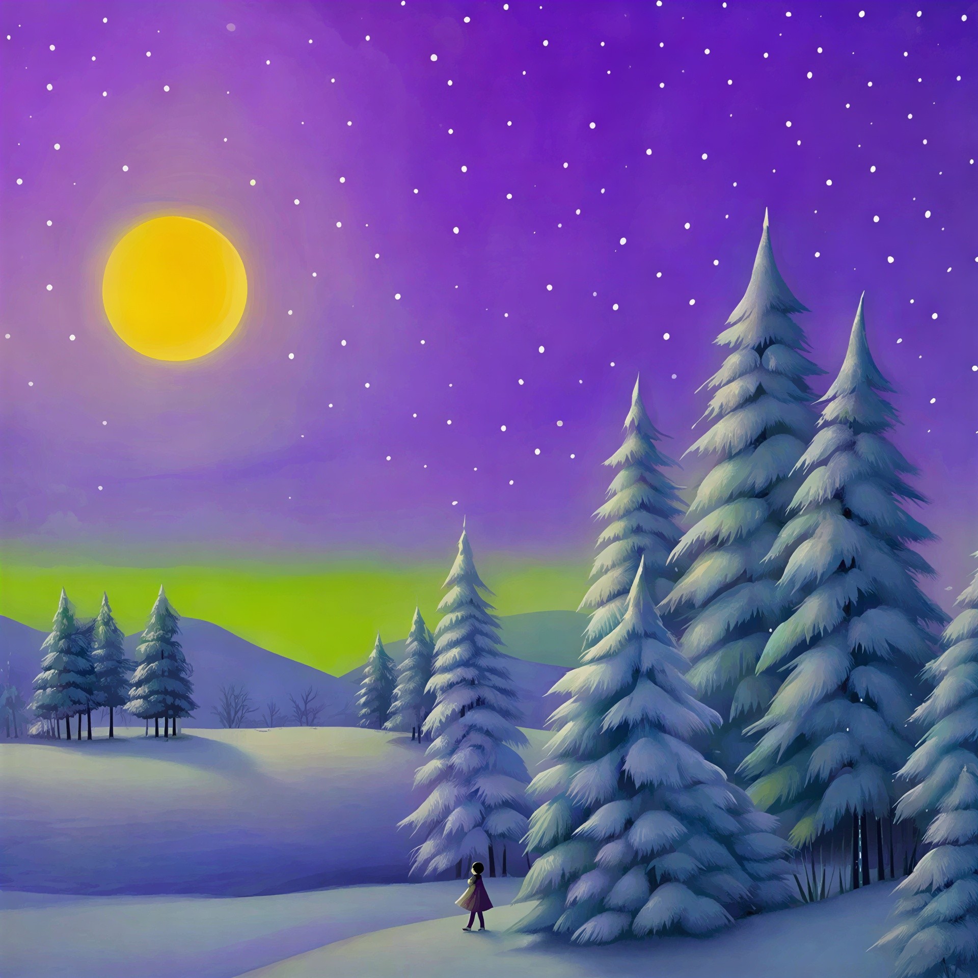 Nighttime Winter Landscape with Moon and Aurora Borealis