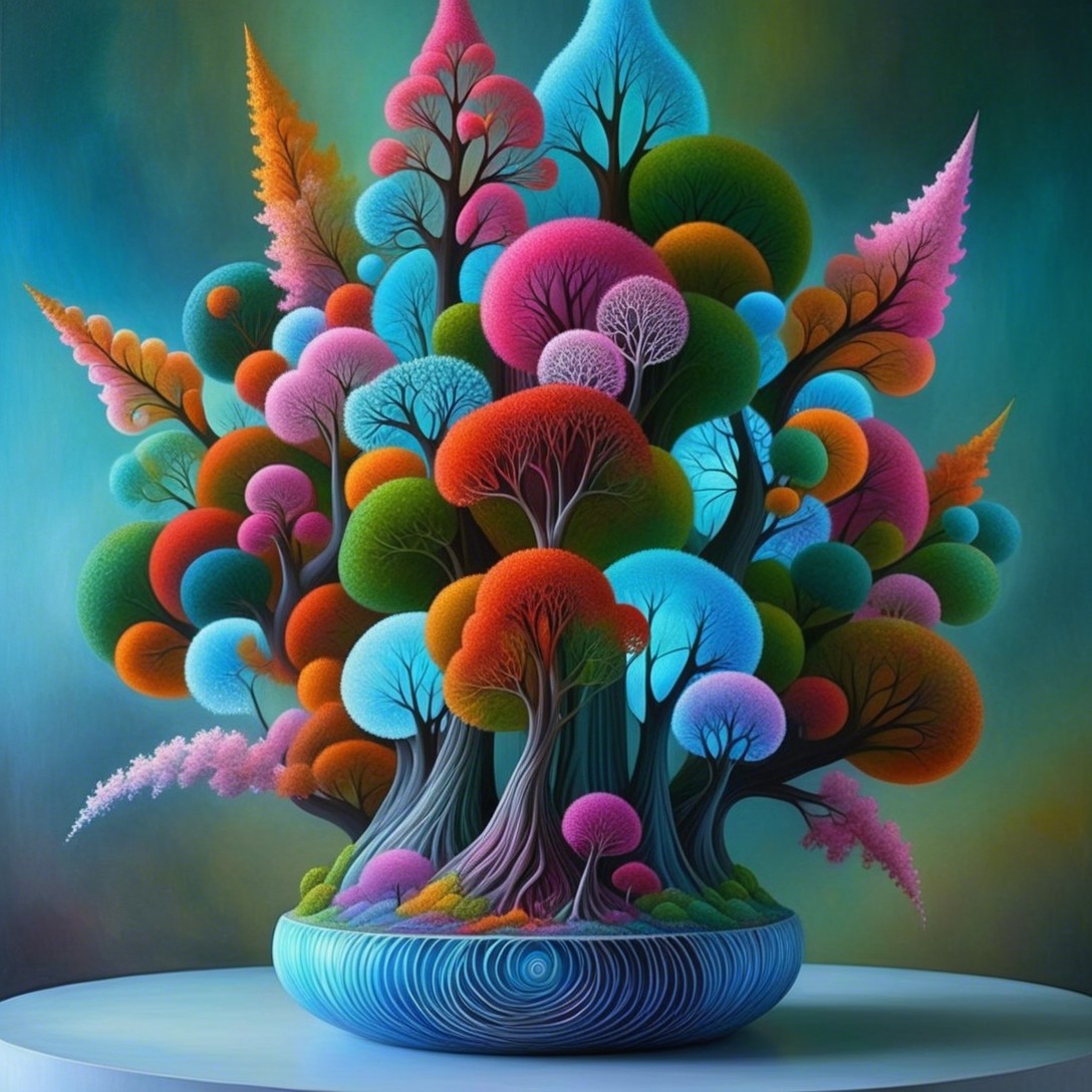 Surreal Colorful Tree Arrangement in a Bowl Display