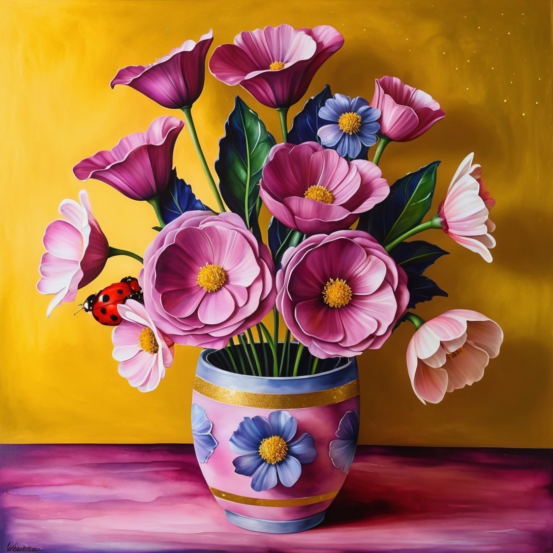 Vibrant Flower Bouquet in Decorative Vase with Ladybug