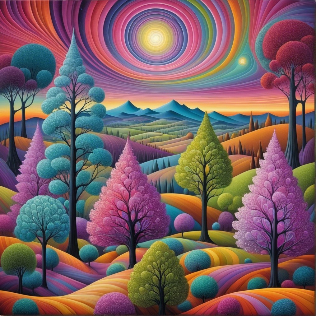Surreal Colorful Landscape with Lush Trees and Hills