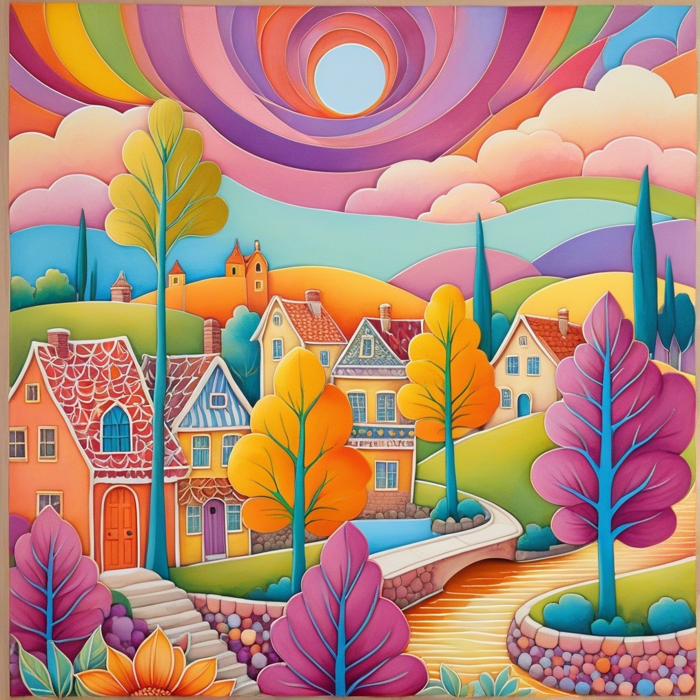 Whimsical landscape with colorful houses and trees