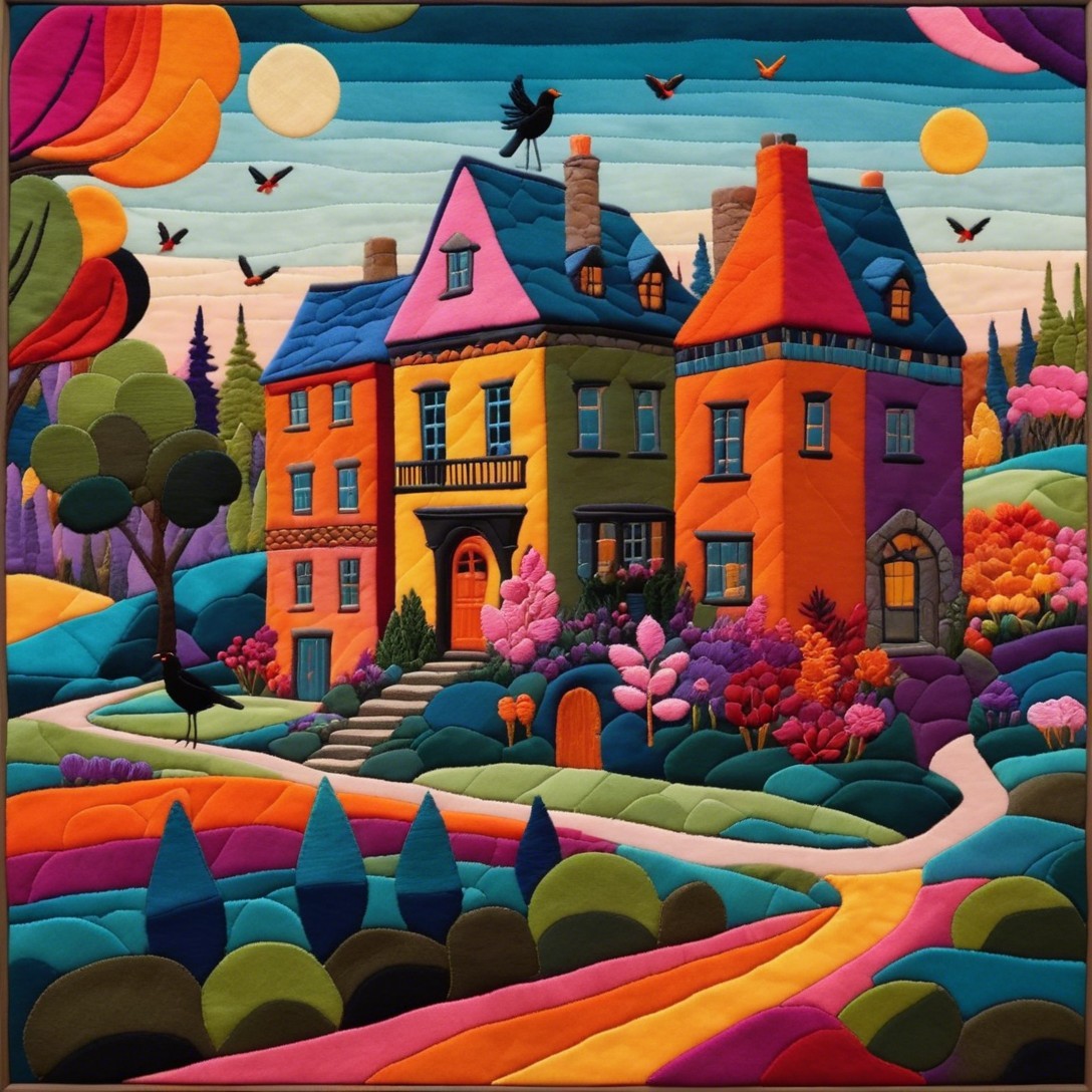 Vibrant Quilt Artwork of a Whimsical House Landscape