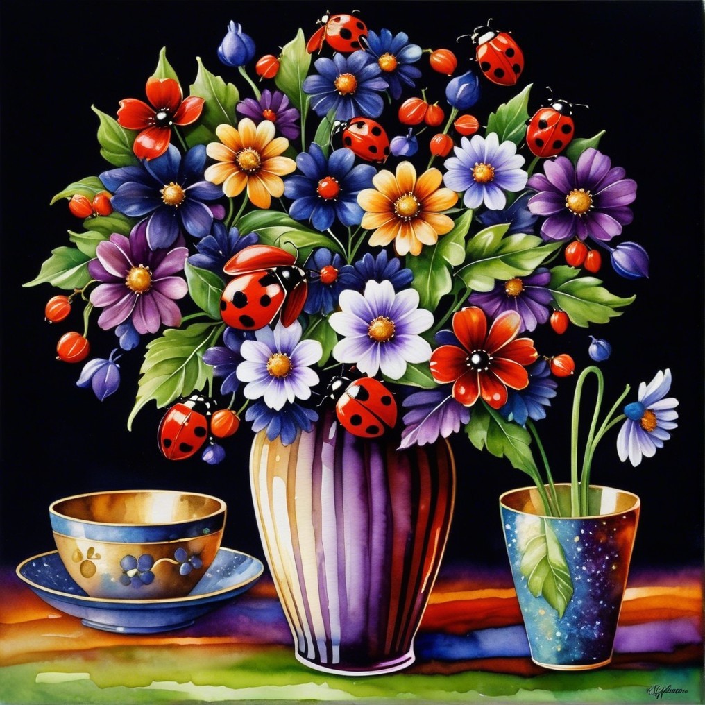 Colorful Flower Arrangement in Decorative Vase