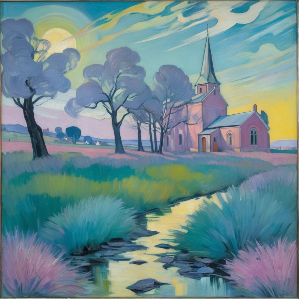 Serene Landscape with Church and Pastel Sky
