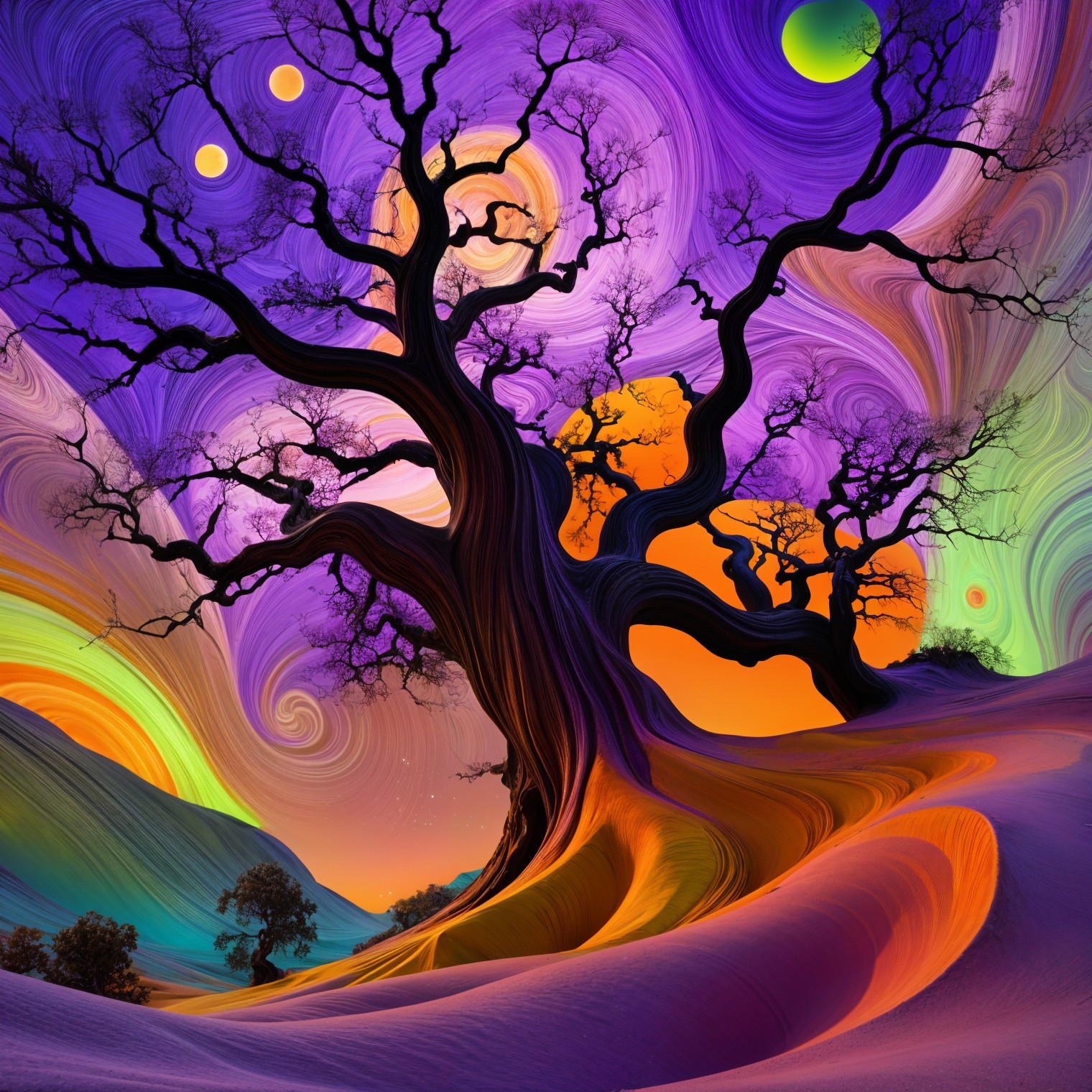 Surreal Landscape with Twisted Tree and Vibrant Sky