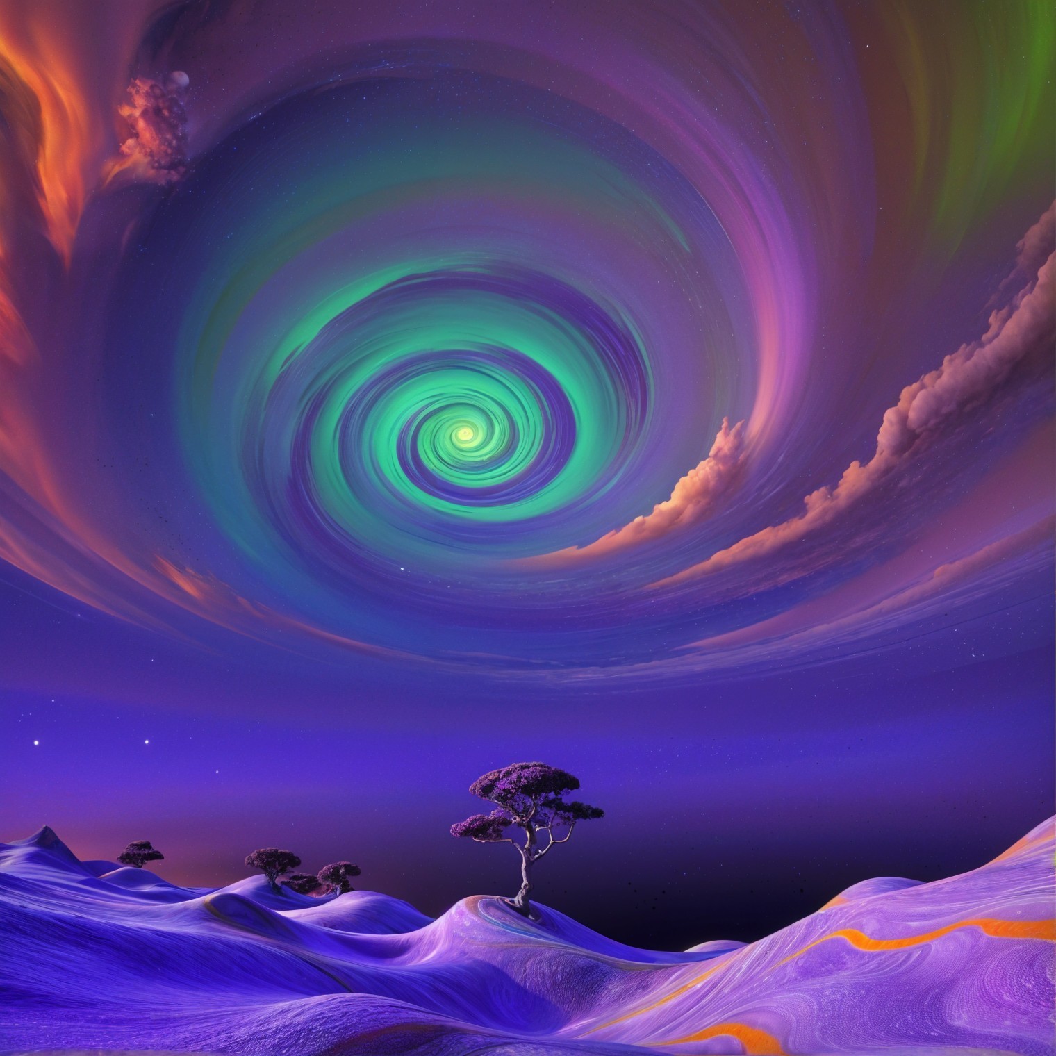 Vibrant Vortex and Surreal Landscape with Twisted Tree
