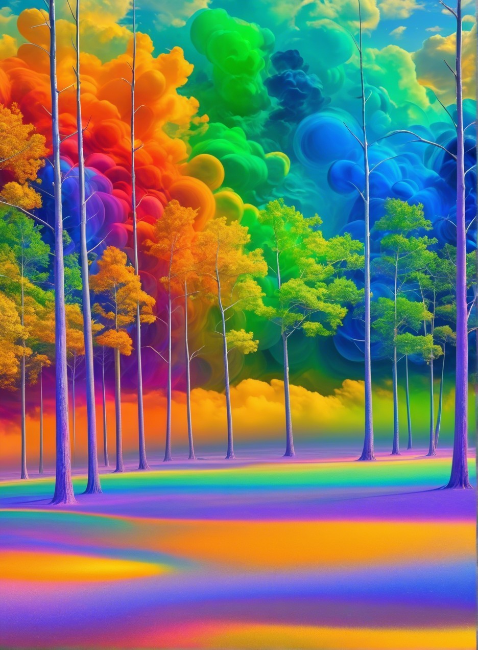 Surreal Landscape with Colorful Trees and Clouds